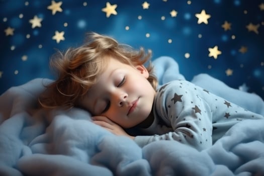 A small child is sleeping in soft clouds, surrounded by space, starry sky and peace. Generative AI photo