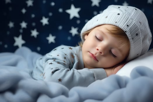 A small child is sleeping in soft clouds, surrounded by space, starry sky and peace. Generative AI photo