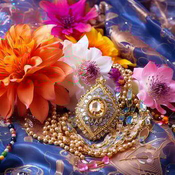 Indian culture celebrates jewelry necklaces with flowers and colorful backgrounds photo