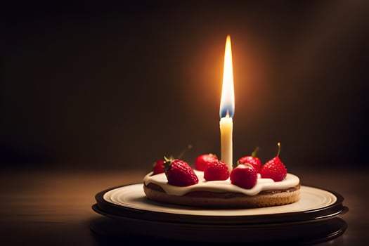 a single candle is lit on a cake with strawberries. AI-Generated photo