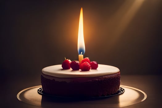 a single candle is lit on top of a chocolate cake. AI-Generated photo