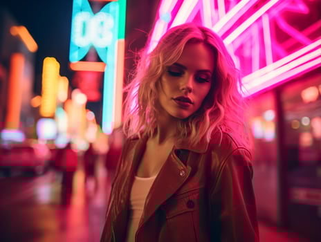 woman in futuristic clothes enjoys leisurely stroll through neon city streets AI Generative photo