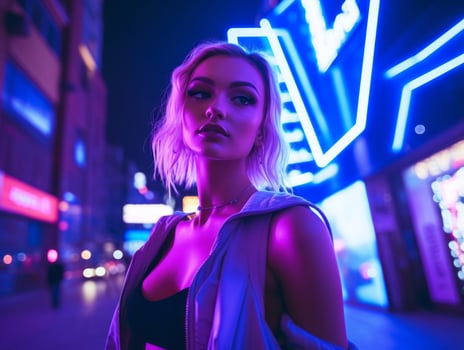 woman in futuristic clothes enjoys leisurely stroll through neon city streets AI Generative photo