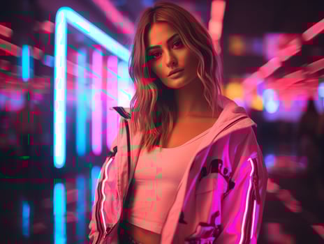 woman in futuristic clothes enjoys leisurely stroll through neon city streets AI Generative photo