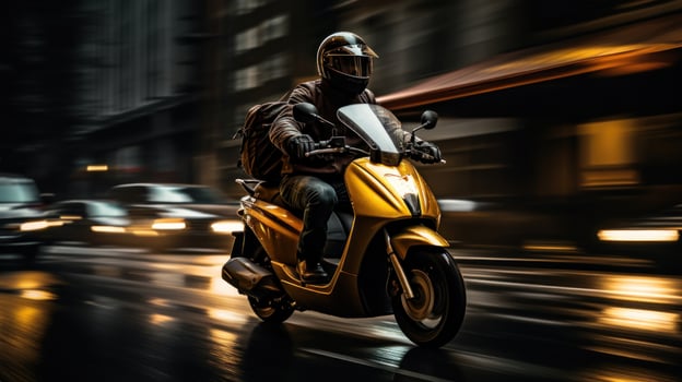 A man riding down the street on a vespa photo