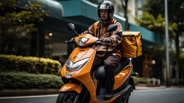 A man riding down the street on a vespa photo
