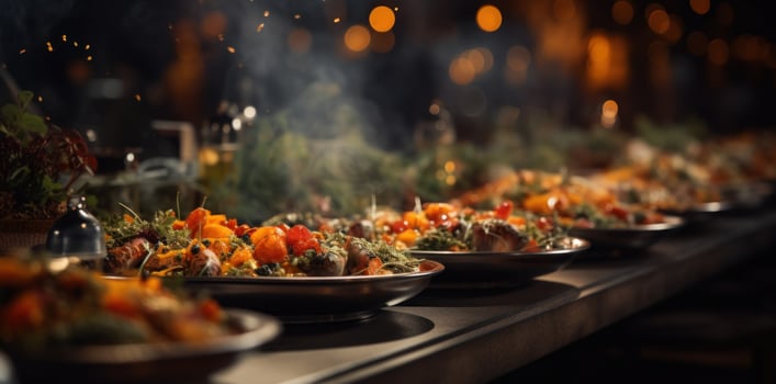 Various dishes are served on the buffet line photo