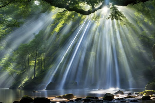 Scenic landscape rays of light in the forest created with generative ai technology photo