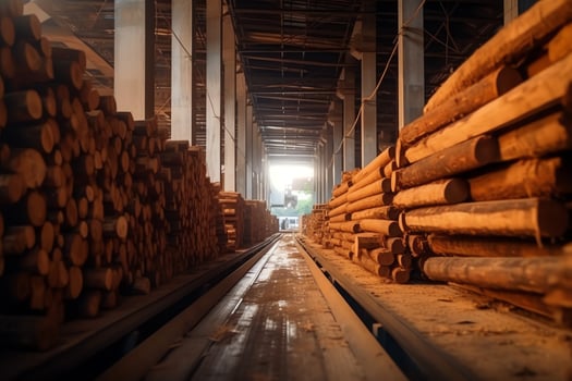 Wooden plank or board in the lumber mill industry. Stack of logs and wood in the sawmill production concept by AI Generated photo