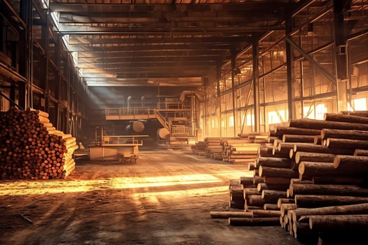 Wooden plank or board in the lumber mill industry. Stack of logs and wood in the sawmill production concept by AI Generated photo