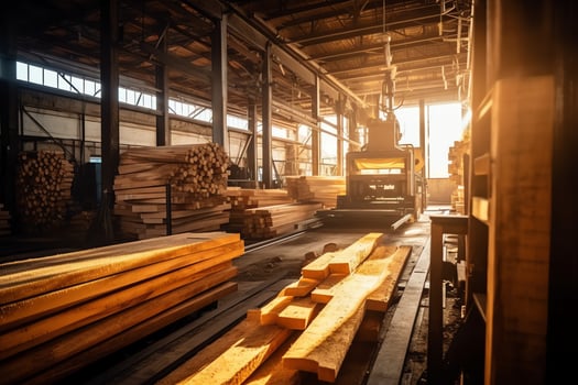 Wooden plank or board in the lumber mill industry. Stack of logs and wood in the sawmill production concept by AI Generated photo