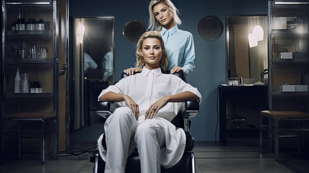Beauty salon, female hairdresser doing hairstyle for young woman, brunette model in hair salon photo