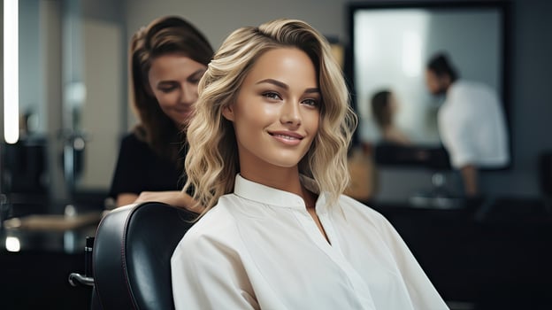 Beauty salon, female hairdresser doing hairstyle for young woman, brunette model in hair salon photo
