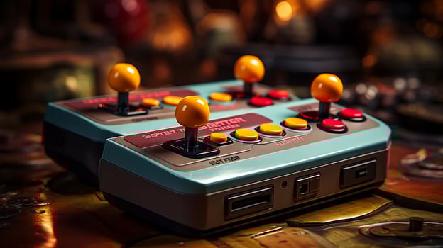 AI-Generated Old stylish vintage retro game console with video game joystick poster from 80s 90s photo