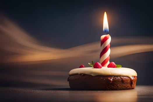 a birthday cake with a single candle. AI-Generated photo