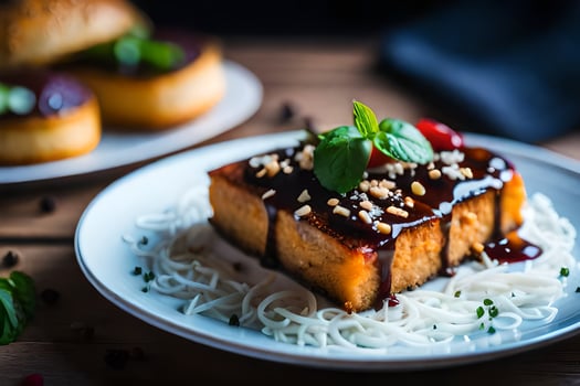 a plate with a piece of tofu on top and a piece of spaghetti. AI-Generated photo