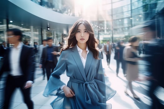 Beautiful Businesswoman Walking in Modern City, Asian Woman Walks on a Crowded Pedestrian Street, Business Manager Surrounded by Blur People on Busy Street. photo