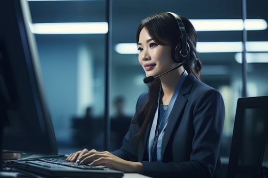 Portrait of a Beautiful Asian Customer Service Operator, Call Center Worker Talking Through Headset with Customer in Modern Office. photo