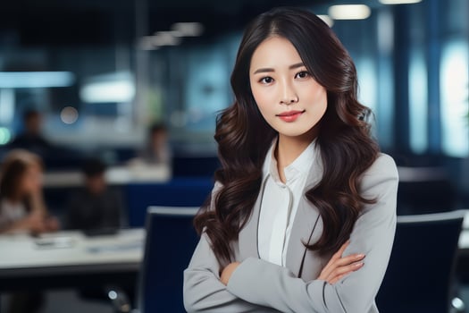 Portrait of a Beautiful Businesswoman in Modern Office, Asian Manager Looking at Camera and Smiling, Confident Female CEO Planning and Managing Company. photo