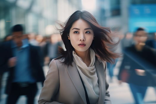 Beautiful Businesswoman Walking in Modern City, Asian Woman Walks on a Crowded Pedestrian Street, Business Manager Surrounded by Blur People on Busy Street. photo