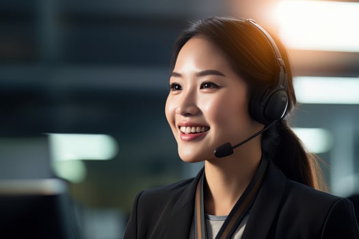 Portrait of a Beautiful Asian Customer Service Operator, Call Center Worker Talking Through Headset with Customer in Modern Office. photo