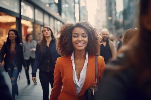 African Businesswoman Walking in Modern City, Beautiful Woman Walks on a Crowded Pedestrian Street, Business Manager Surrounded by Blur People on Busy Street. photo
