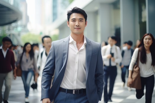 Asian Businessman Walking in Modern City, Handsome Man Walks on a Crowded Pedestrian Street, Asian Manager Surrounded by Blur People on Busy Street. photo