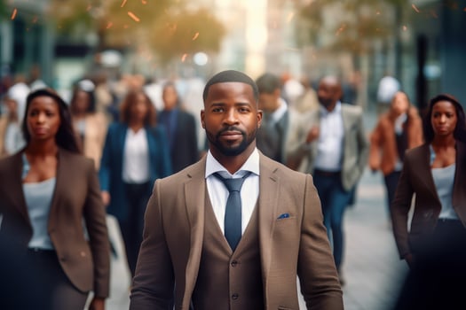 Black Businessman Walking in Modern City, Handsome Man Walks on a Crowded Pedestrian Street, African Manager Surrounded by Blur People on Busy Street. photo