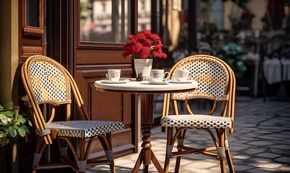 typical European roadside cafe tables and chairs, ai generative photo