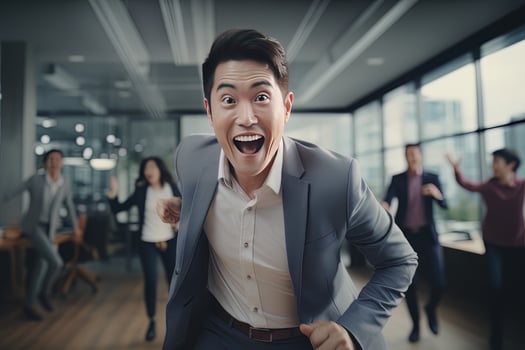 Happy Successful Asian Businessman Celebrating in Modern Office, Celebrate Success and Achieving Goals, Male Entrepreneur Celebrate Winning Moments. photo