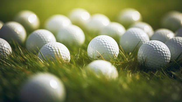 Generative AI, Close up golf balls on green grass, golf course background photo