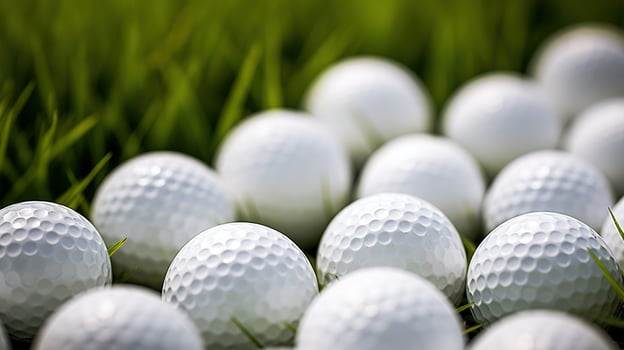 Generative AI, Close up golf balls on green grass, golf course background photo