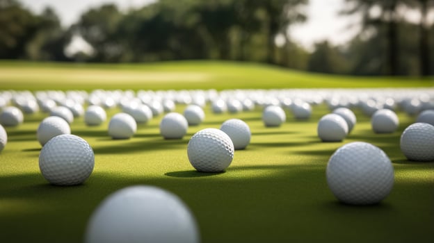 Generative AI, Close up golf balls on green grass, golf course background photo