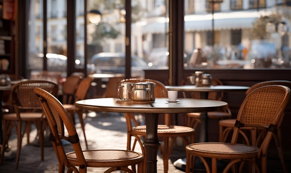 typical European roadside cafe tables and chairs, ai generative photo