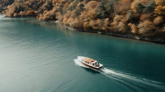 Generative AI, boat at the calm lake in autumn with serene water around, fall landscape photo