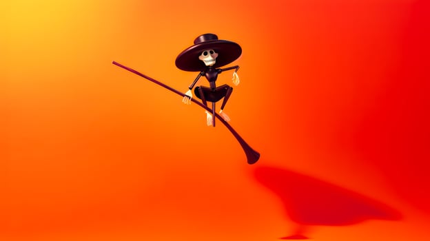 Skeleton wearing sombrero and hat is flying on broom. Generative AI photo