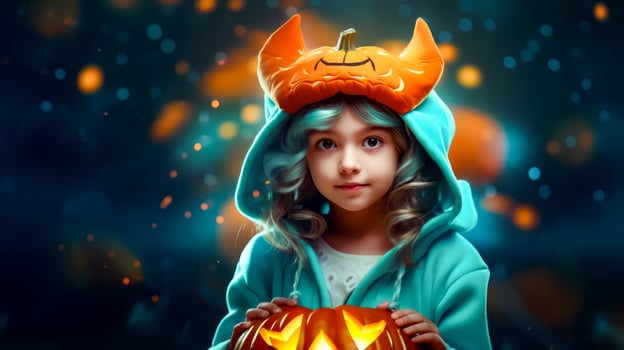 Little girl holding pumpkin with cat on it's head. Generative AI photo