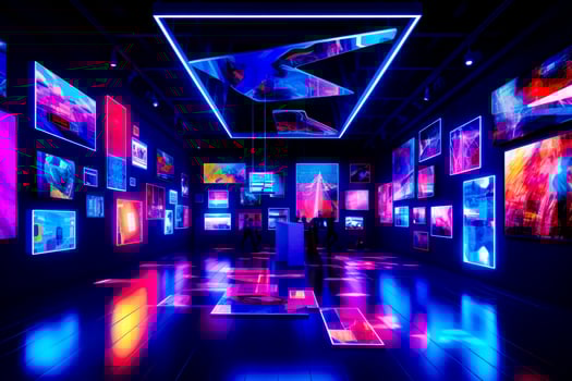 Brightly lit room with lot of pictures on the walls and floor. Generative AI photo