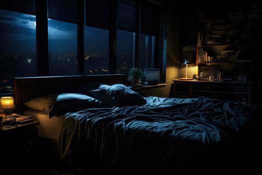 A dimly lit bedroom scene illustrating insomnia background with empty space for text photo