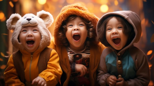 Adorable Kids in a Bright Halloween Scene Wearing Various Costumes. Perfect for Festive Celebrations photo