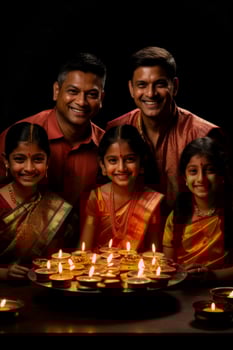 Family gathering for a Diwali puja at home isolated on a gradient background photo