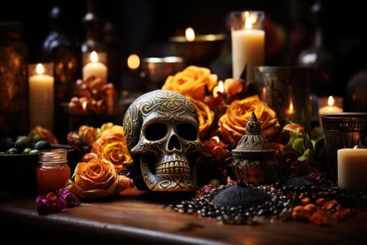 Authentic altars with traditional offerings Day of the Dead background with empty space for text photo