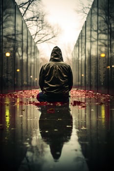 Veterans reflecting at war memorials and monuments background with empty space for text photo