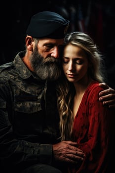 Tearful family reunions with veterans on Veterans Day background with empty space for text photo