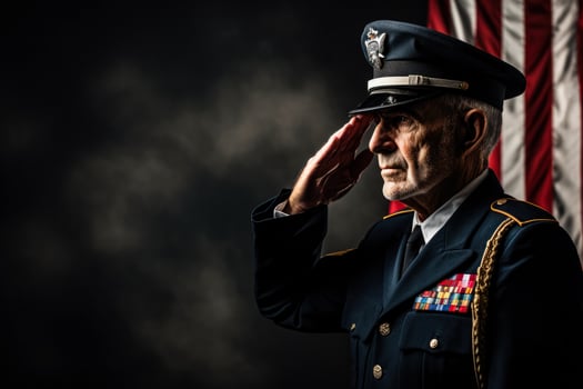 Decorated veterans in uniform saluting background with empty space for text photo