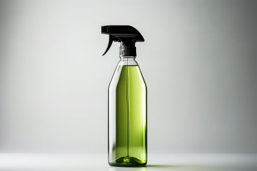 Simple glass spray bottle with natural cleaning solution isolated on a white background photo