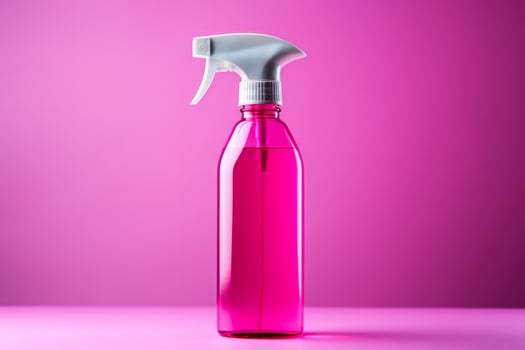 A vibrant disinfectant spray bottle isolated on a pink gradient background photo
