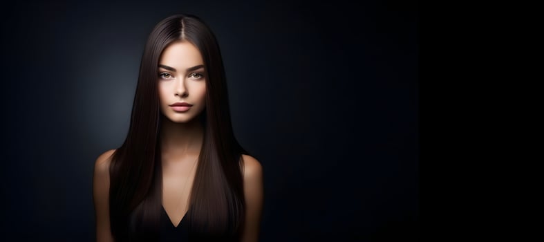 Beautiful long hair. Beauty woman with straight black hair on dark background, genarative ai photo