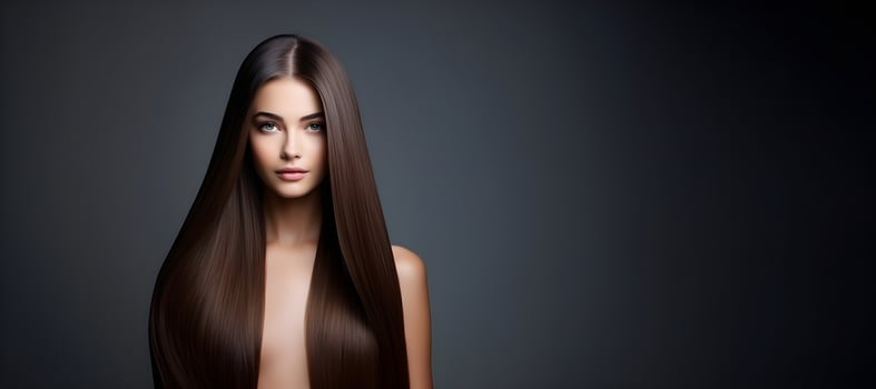Beautiful long hair. Beauty woman with straight black hair on dark background, genarative ai photo