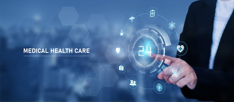 Hand Touching 24 hours medical servises.Healthcare and technology concept with flat icons and symbols. Template design for health care business, innovation medicine, pharmaceutical industry, photo